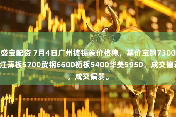 盛宝配资 7月4日广州镀锡卷价格稳，基价宝钢7300九江薄板5700武钢6600衡板5400华美5950，成交偏弱。